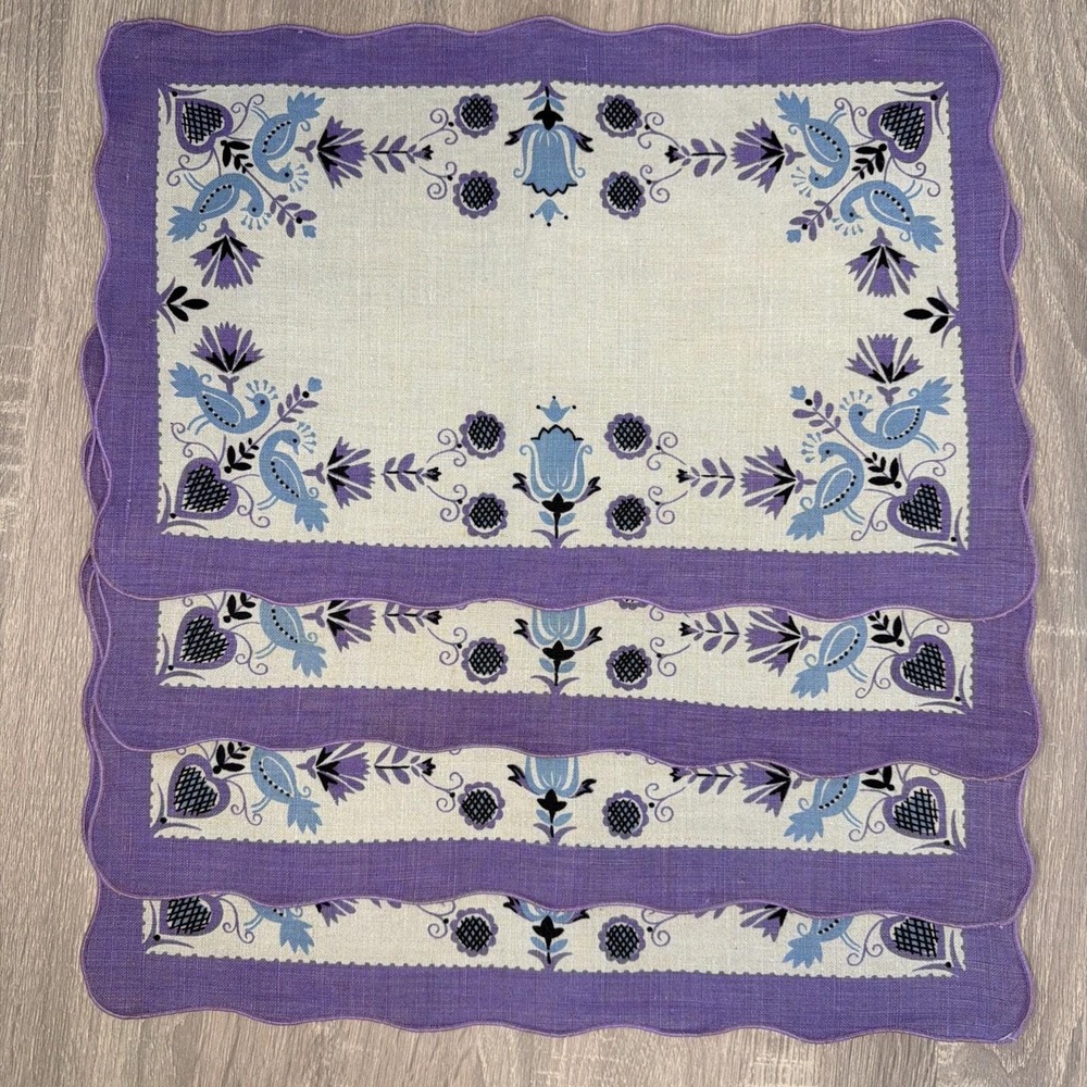 Set 4 Vintage Purple Dutch Linen‎ Placemats Scalloped Edge Blue Navy